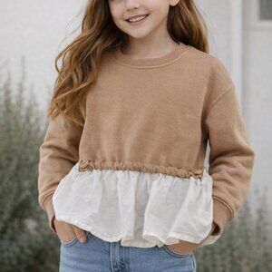 ZARA Girls Peplum Sweatshirt Size 6-7 Beige Cream Ruffle Hem Top